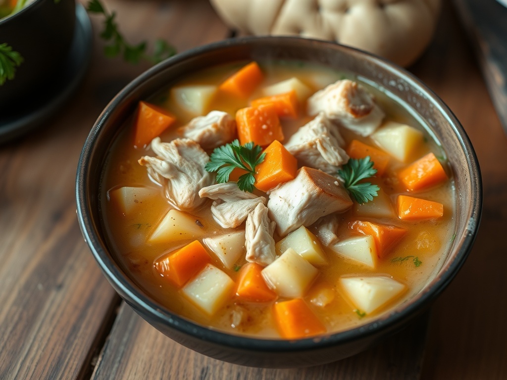 A bowl of chicken soup with carrots and potatoes, garnished with parsley, on a rustic table.